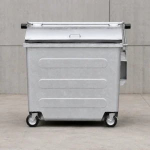 Metal Four-Wheel Waste Container Front View Front view of metal four-wheel waste container with curved lid and reinforced body