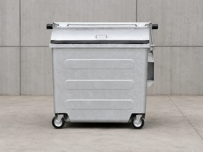 Metal Four-Wheel Waste Container Front View Front view of metal four-wheel waste container with curved lid and reinforced body