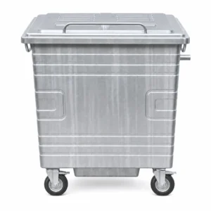 Front view of metal four-wheel waste container with reinforced body and fitted lid