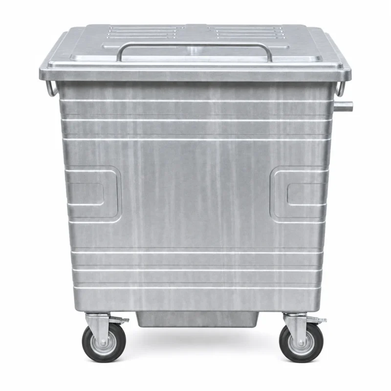 Front view of metal four-wheel waste container with reinforced body and fitted lid
