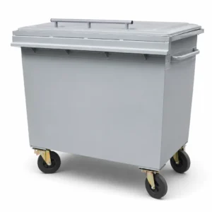Metal four-wheel waste container with hinged lid on white background
