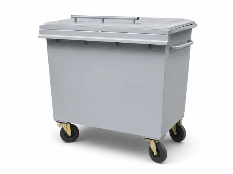 Metal four-wheel waste container with hinged lid on white background
