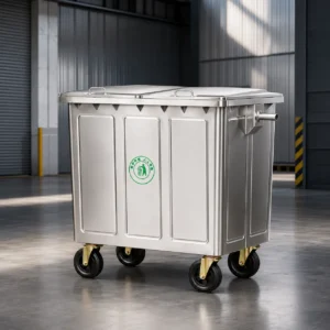 Metal four-wheel waste container with double lid in an industrial facility