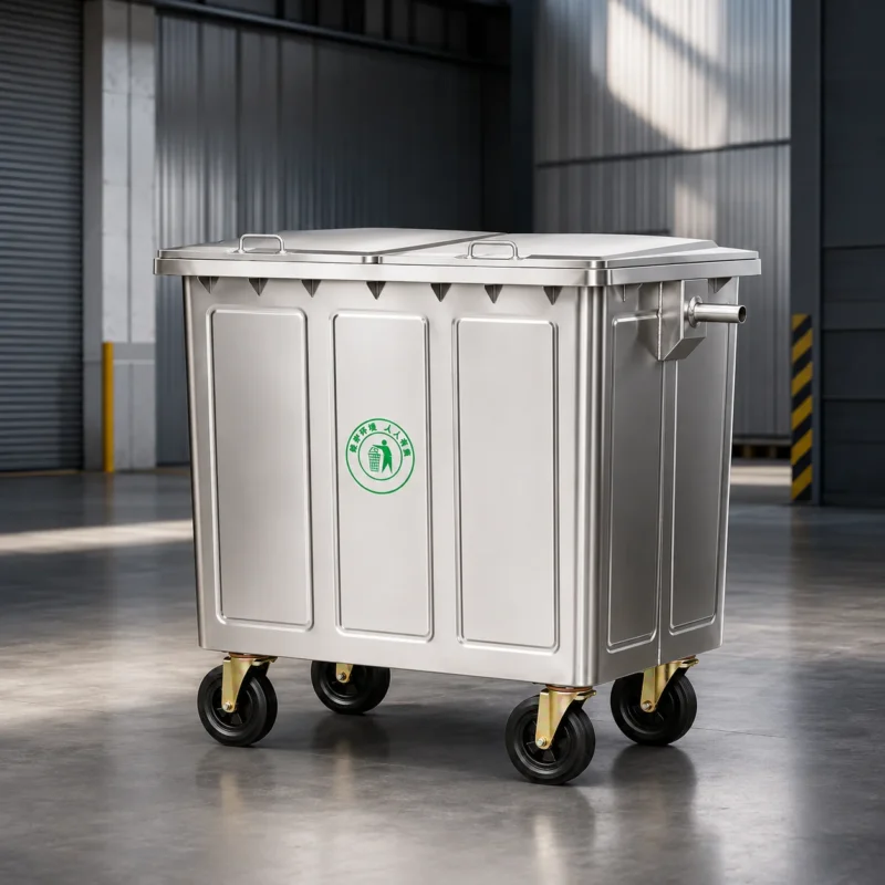 Metal four-wheel waste container with double lid in an industrial facility