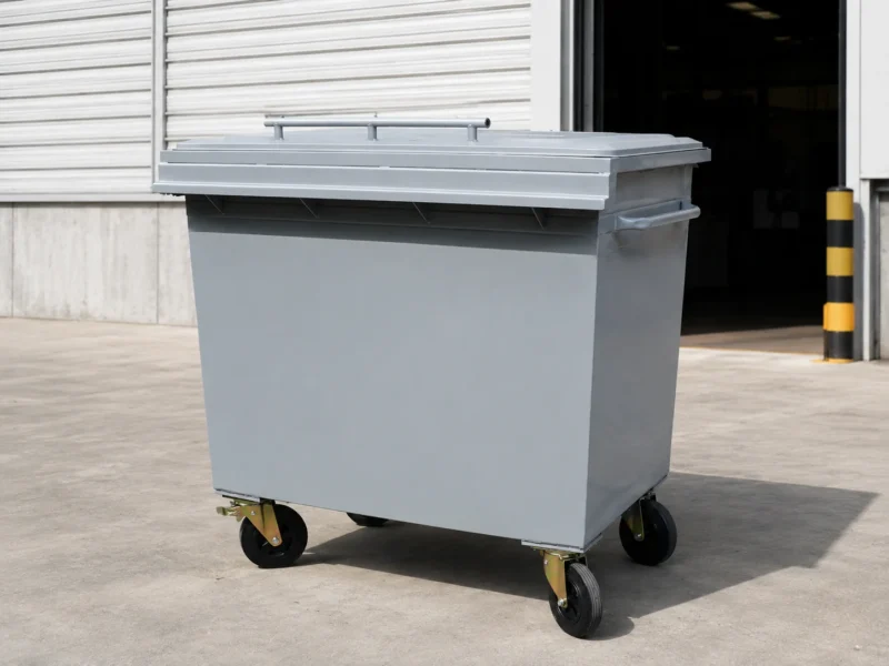 Metal four-wheel waste container with hinged lid outside an industrial facility