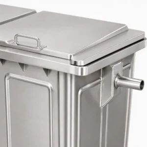 Close-up of metal four-wheel waste container lid and side lifting connection
