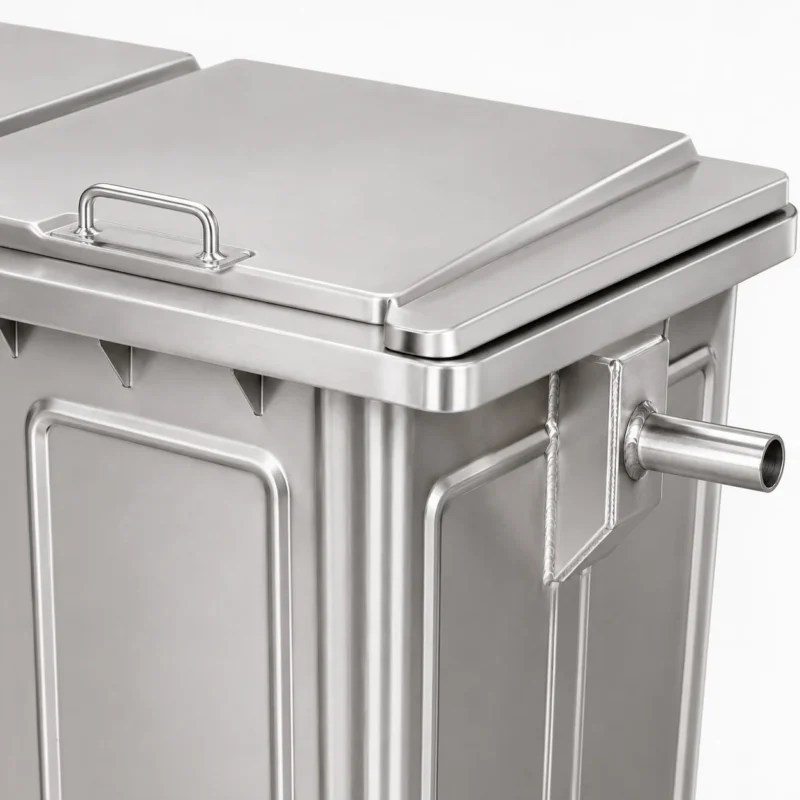 Close-up of metal four-wheel waste container lid and side lifting connection