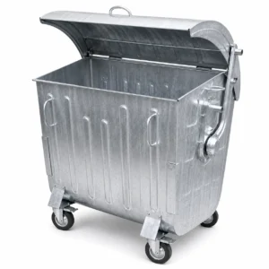 Metal four-wheel waste container with open curved lid and visible interior
