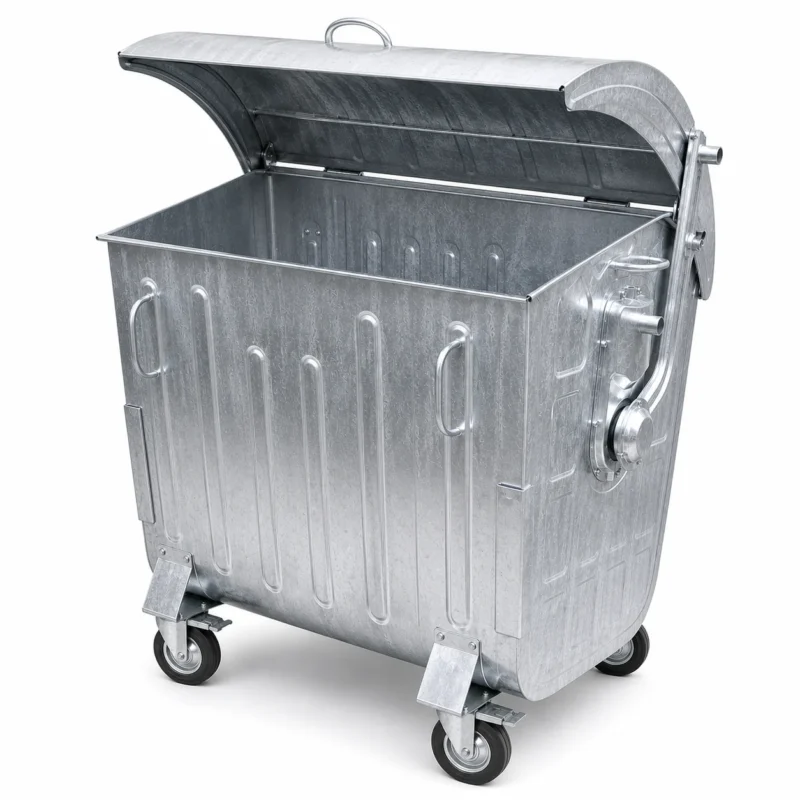 Metal four-wheel waste container with open curved lid and visible interior