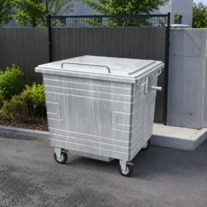 Metal four-wheel waste container with reinforced body in an outdoor commercial area