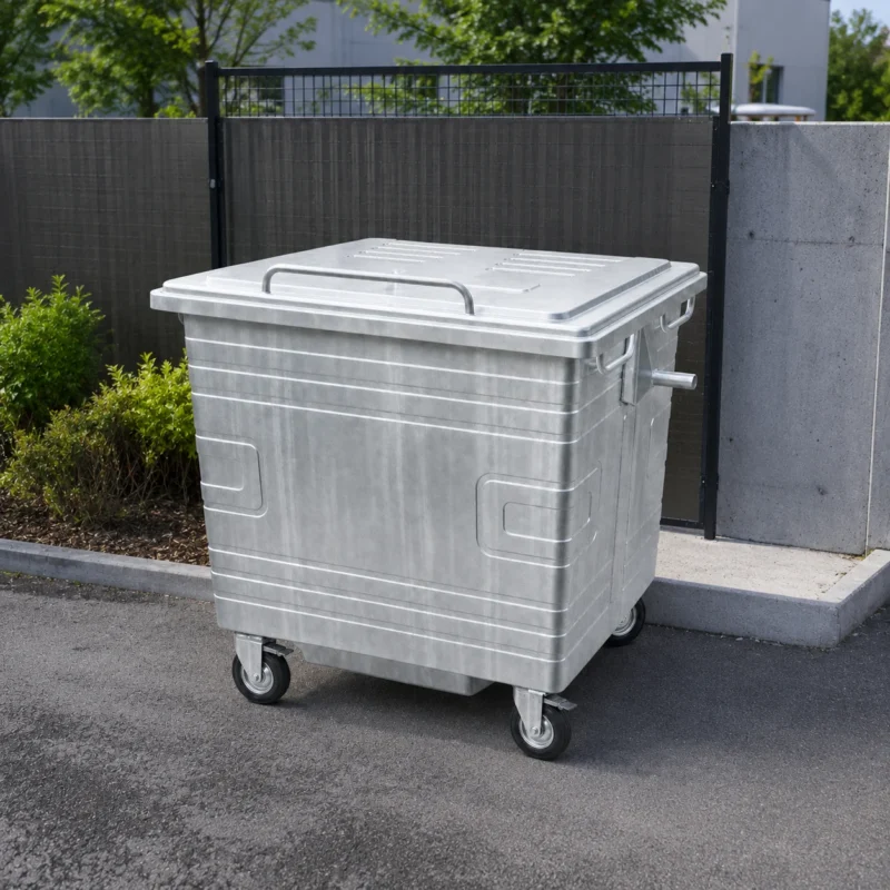 Metal four-wheel waste container with reinforced body in an outdoor commercial area