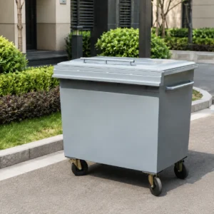 Metal four-wheel waste container with hinged lid in an outdoor commercial area
