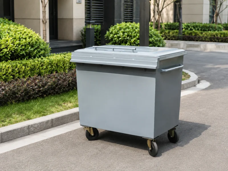 Metal four-wheel waste container with hinged lid in an outdoor commercial area