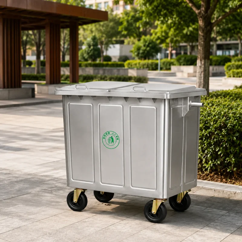 Metal four-wheel waste container with double lid in an outdoor public area