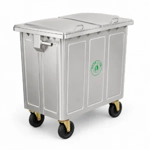 Rear side view of metal four-wheel waste container with double lid