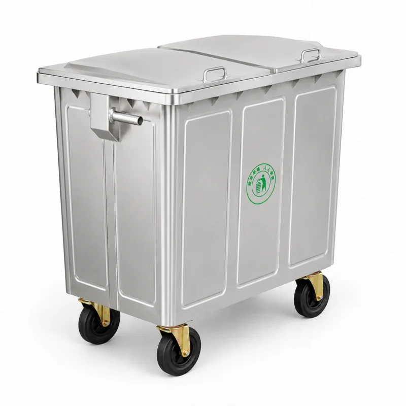 Rear side view of metal four-wheel waste container with double lid