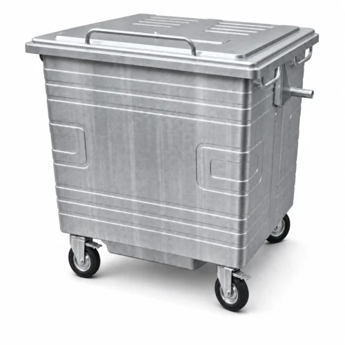 Metal four-wheel waste container with reinforced body and fitted lid