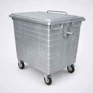 Metal four-wheel waste container with reinforced body and side lifting connection
