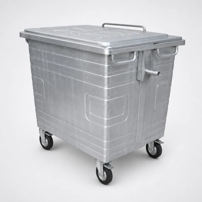 Metal four-wheel waste container with reinforced body and side lifting connection