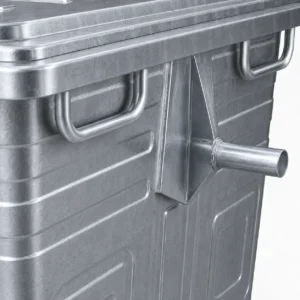 Close-up of side lifting trunnion and handling rails on a metal four-wheel waste container