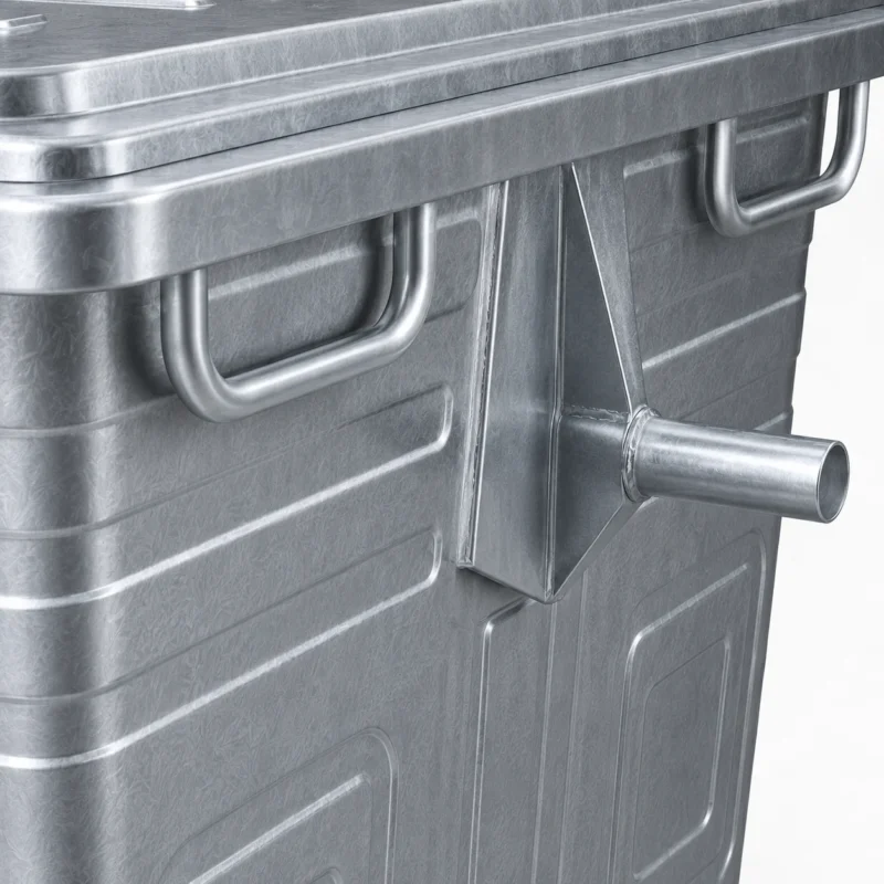 Close-up of side lifting trunnion and handling rails on a metal four-wheel waste container