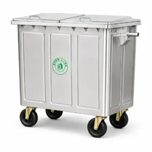 Metal four-wheel waste container with double lid on white background