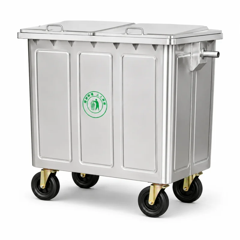 Metal four-wheel waste container with double lid on white background