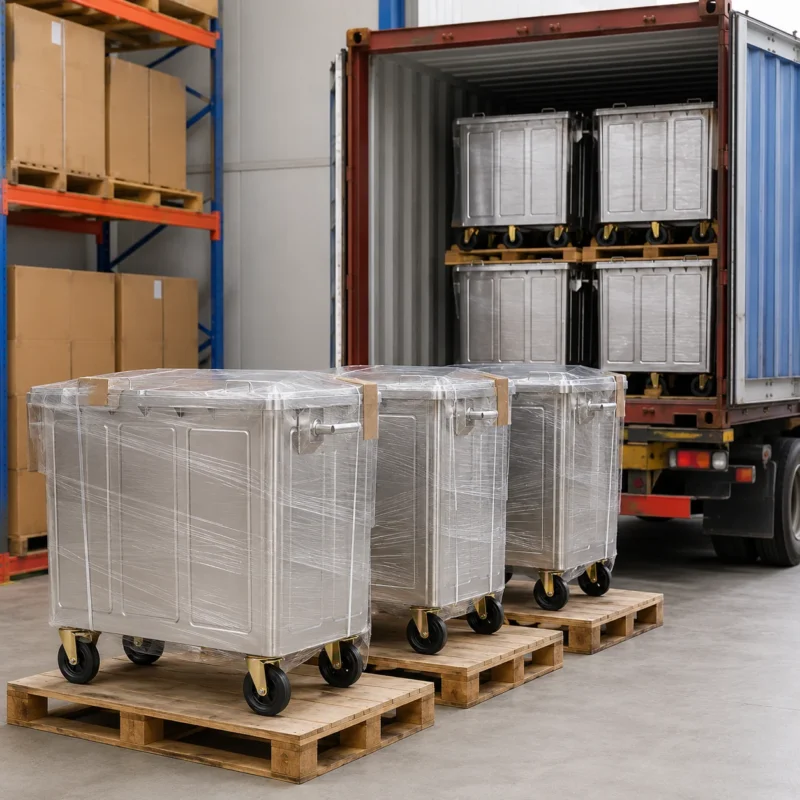Metal four-wheel waste containers wrapped on pallets for export shipping