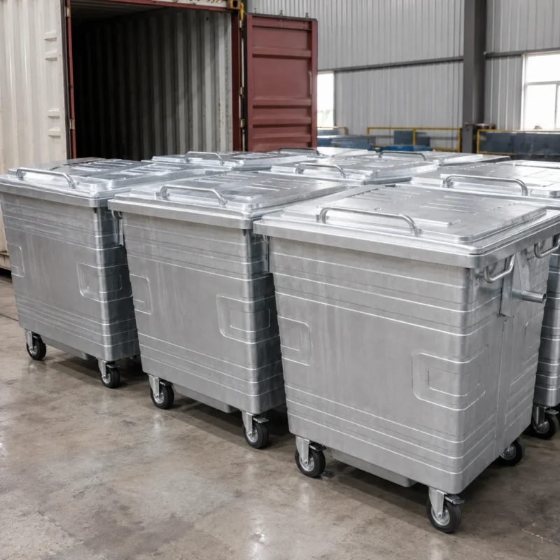 Metal four-wheel waste containers arranged in a factory for bulk production