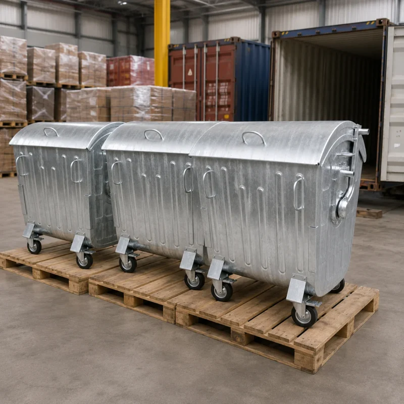 Metal four-wheel waste containers arranged on wooden pallets for export loading