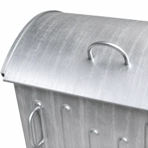 Close-up of curved lid and top handle on a metal waste container