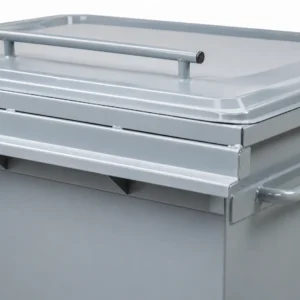Close-up of metal waste container lid handle and reinforced upper rim