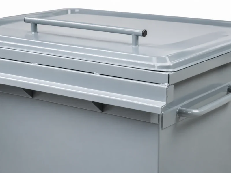 Close-up of metal waste container lid handle and reinforced upper rim