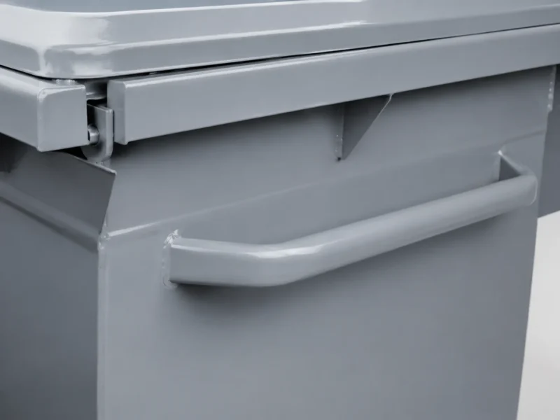 Close-up of side handle and lid hinge detail on a metal waste container
