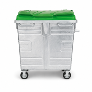 1100L Galvanized Steel Waste Container with Green Lid | KOVANTO 1100L galvanized steel waste container with green plastic lid and four caster wheels front view