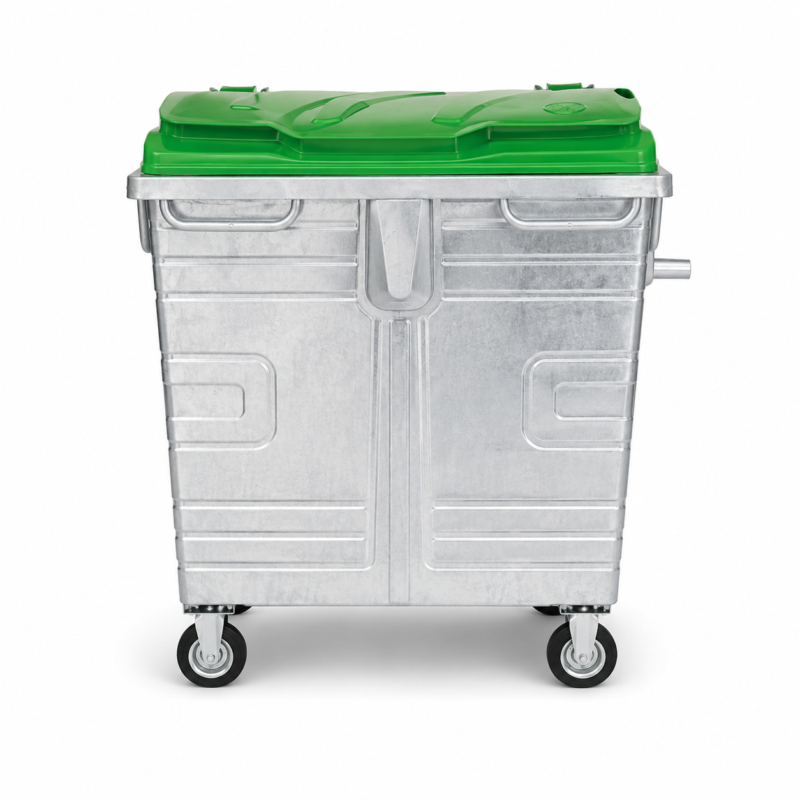 1100L Galvanized Steel Waste Container with Green Lid | KOVANTO 1100L galvanized steel waste container with green plastic lid and four caster wheels front view