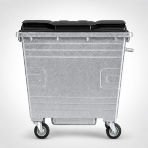 1100L Galvanized Steel Waste Container Front View | KOVANTO 1100L galvanized steel waste container with black plastic lid and four caster wheels front view