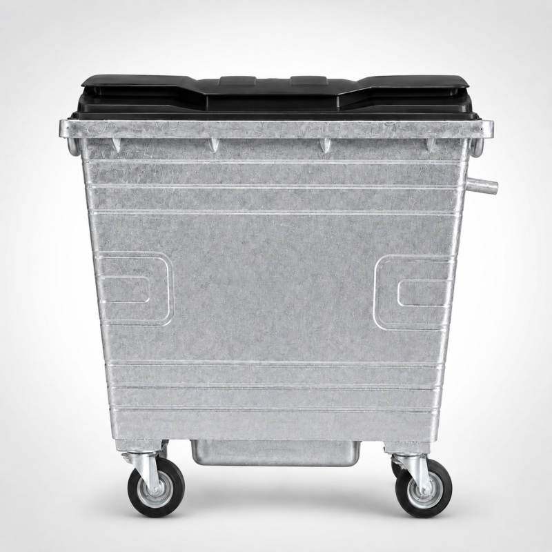 1100L Galvanized Steel Waste Container Front View | KOVANTO 1100L galvanized steel waste container with black plastic lid and four caster wheels front view