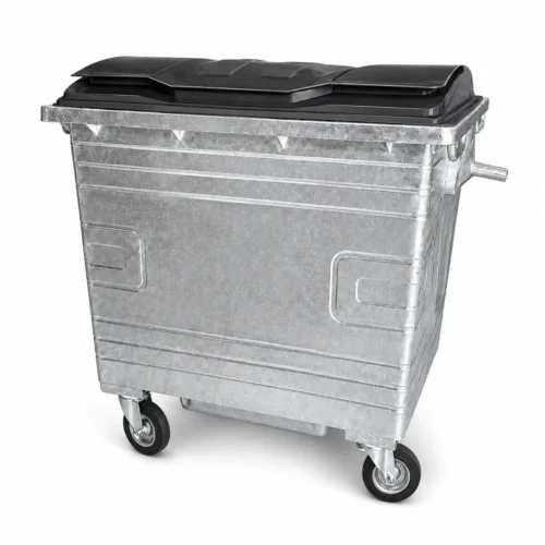 Contenedor de residuos de acero galvanizado de 1100 litros con tapa de plástico negro y cuatro ruedas giratorias