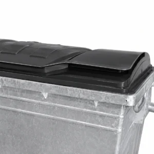 1100L Galvanized Steel Waste Container Black Lid Detail | KOVANTO Close-up detail of black plastic lid on a 1100L galvanized steel waste container