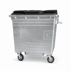 1100L Galvanized Steel Waste Container Front-Side View | KOVANTO 1100L galvanized steel waste container with black plastic lid and four caster wheels shown from a front-side view