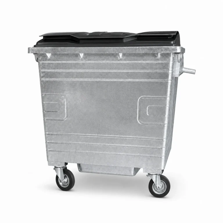 1100L galvanized steel waste container with black plastic lid and four swivel casters