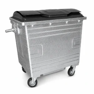 1100L Galvanized Steel Waste Container Three-Quarter View | KOVANTO 1100L galvanized steel waste container with black plastic lid and four caster wheels shown from a three-quarter view
