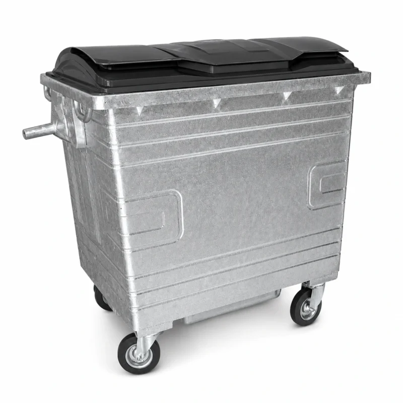 1100L Galvanized Steel Waste Container Three-Quarter View | KOVANTO 1100L galvanized steel waste container with black plastic lid and four caster wheels shown from a three-quarter view