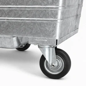 1100L Galvanized Steel Waste Container Caster Wheel Detail | KOVANTO Close-up of heavy-duty caster wheel on a 1100L galvanized steel waste container