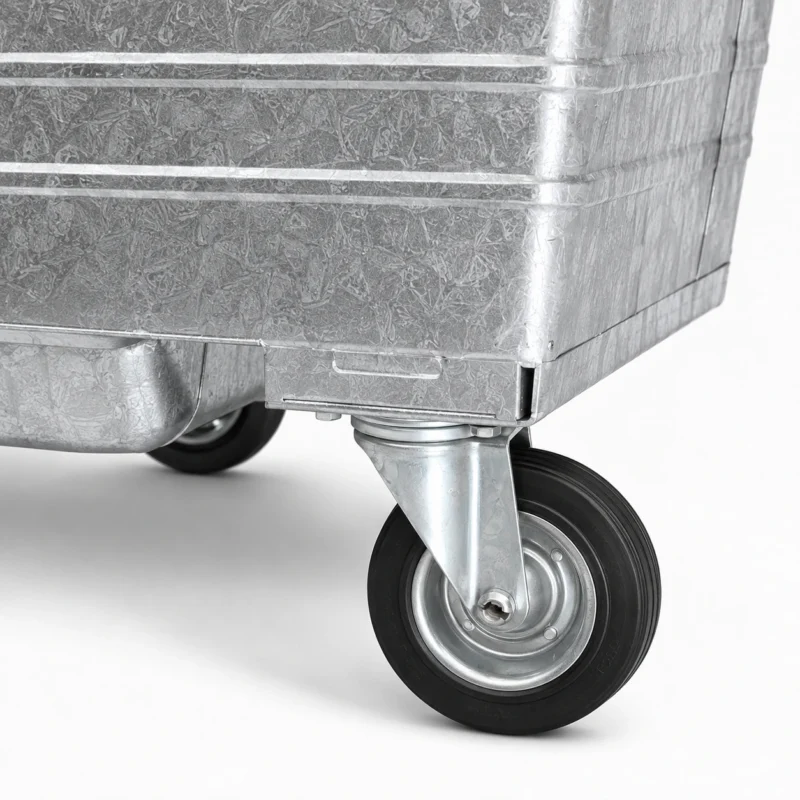 1100L Galvanized Steel Waste Container Caster Wheel Detail | KOVANTO Close-up of heavy-duty caster wheel on a 1100L galvanized steel waste container