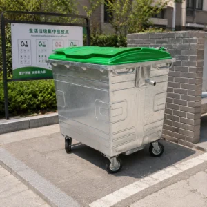 1100L Galvanized Steel Waste Container for Community Waste Collection | KOVANTO 1100L galvanized steel waste container with green plastic lid at a residential waste drop-off point