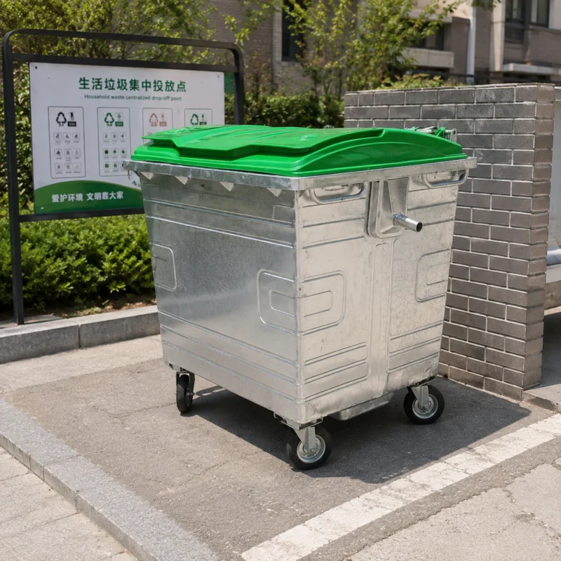 1100L Galvanized Steel Waste Container for Community Waste Collection | KOVANTO 1100L galvanized steel waste container with green plastic lid at a residential waste drop-off point