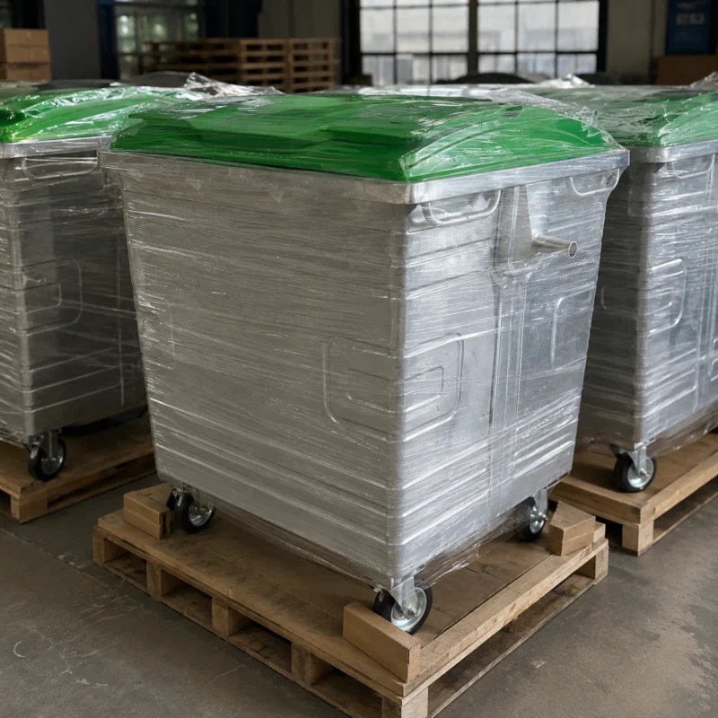 1100L Galvanized Steel Waste Container Export Packaging | KOVANTO 1100L galvanized steel waste containers with green plastic lids wrapped and secured on wooden pallets for export