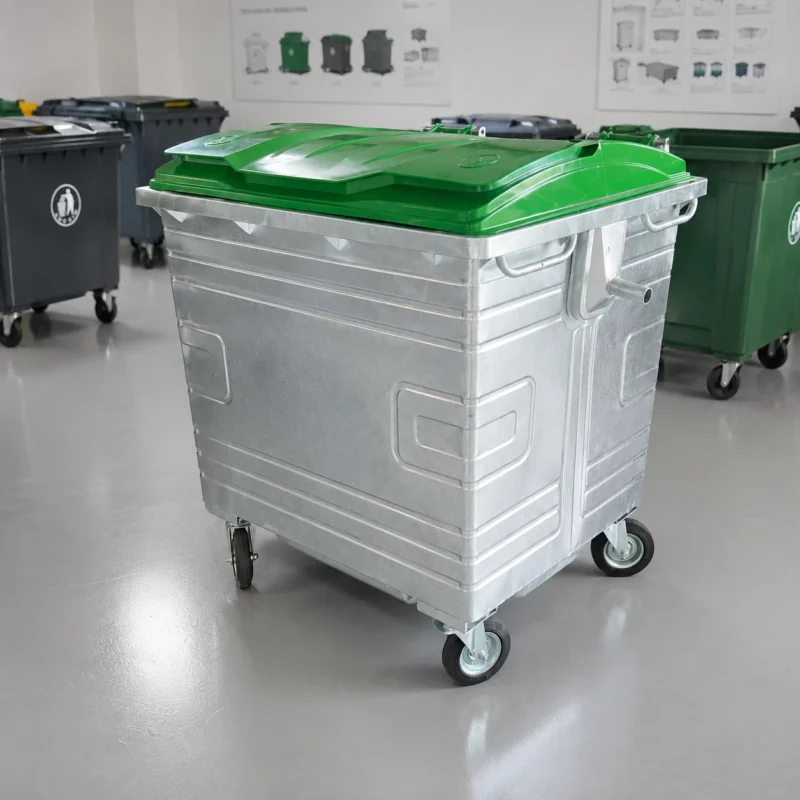 1100L Galvanized Steel Waste Container Showroom Display | KOVANTO 1100L galvanized steel waste container with green plastic lid displayed in a waste bin showroom